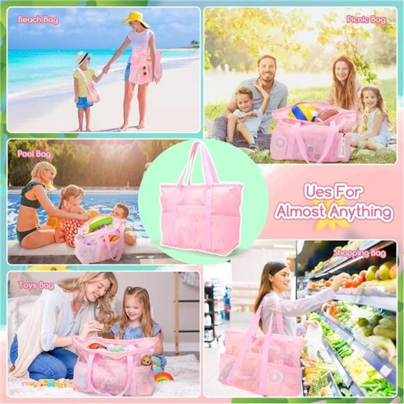 Mesh Beach Bag with Zipper Large Beach Tote Waterproof Sandproof with 8 Pockets - Picture 5 of 7